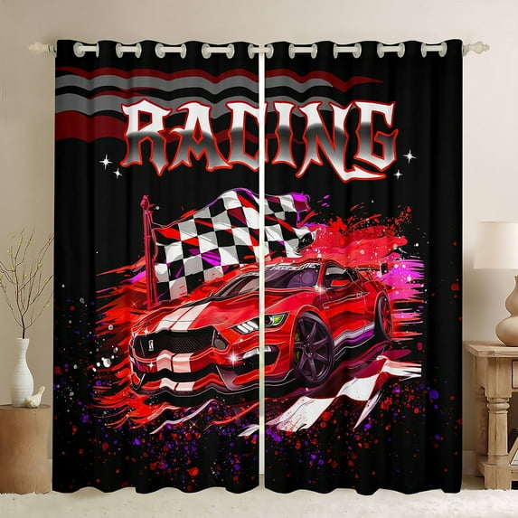 Red Race Car 30%-50% Blackout Curtains 38"Wx45"L Racing Car Window Curtains Teen Men,Black White Racing Checkered Flag Curtains & Drapes Extreme Sports Theme Curtains 2 Panels