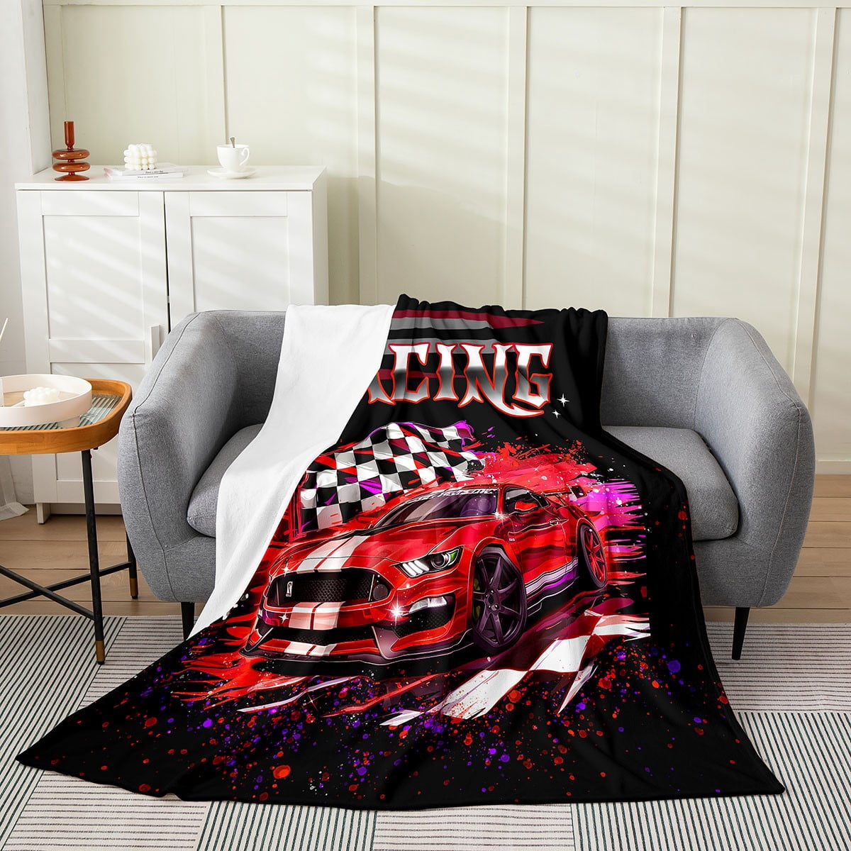 Pink Race Car Throw Blanket - 40x50 Inches, Soft Fleece & Sherpa, Checkered Design For Bed, Couch, Gift - View #9