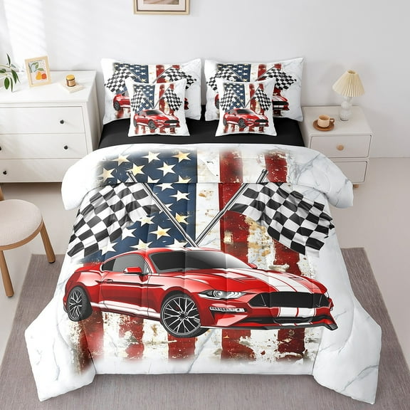 Red Race Car Comforter Set Twin,Racing Flags Checker Grids Extreme Sports Bedding Set,American Flag White Marble Graffiti Bed Set 7 Pieces(Comforter+Fitted+Flat Sheet+Pillowcase+Pillow Cover)