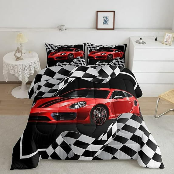 Red Race Car Comforter Set Twin Size,Black White Lattice Bedding Set Teens Room Decor,Extreme Sport Games Quilt Set,Cool Modern Duvet Insert