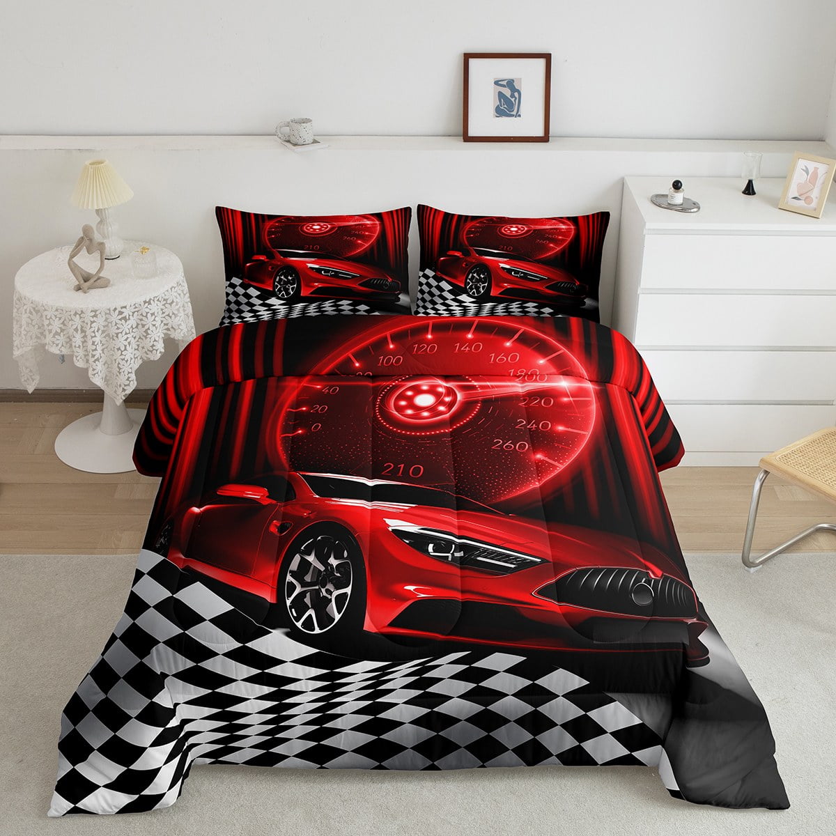 Red Race Car Comforter Set for Child Boys,Glitter Ombre Line Art