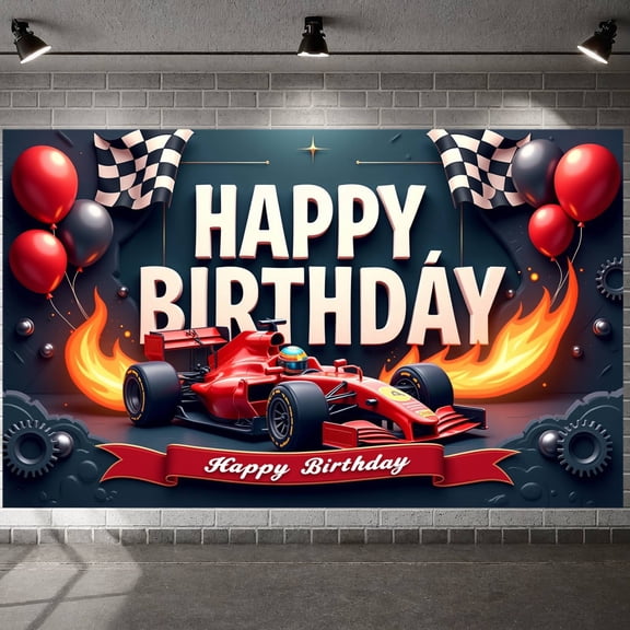 Red Race Car Race Car Birthday Banner Flaming Design Racing Themed Backdrop Checkered Flag Gear Accents Speed Racing Banner for Kids Birthday Party Boys Celebration Car Themed Party