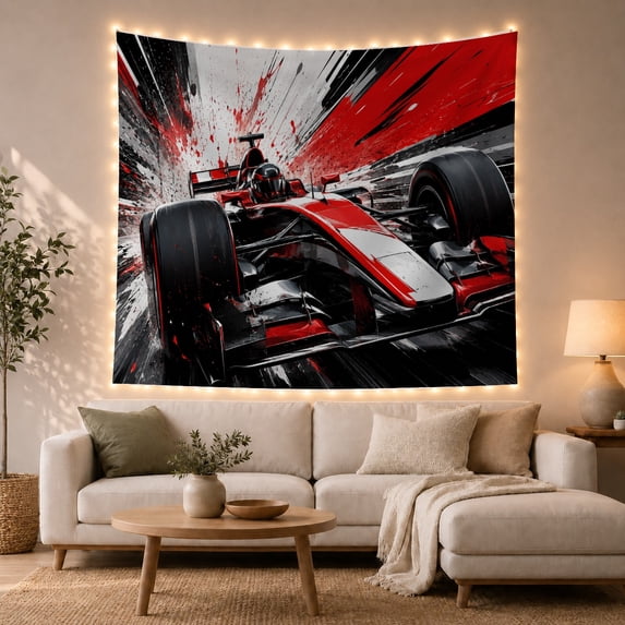 Red Race Car Speeding Across a Splattered Track, Dramatic Illustration for Racing Fans, Speed Wall Art, Birthday Gift, Tapestry Wall Hanging for Gaming Room and Bedroom