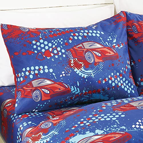 Red Race Cars print Comforter Set for Boys Girls teen, Full size bedding for race car fan, include comforter fitted sheet, pillow sham and plush car shape pillow (Race Car Red, Ful