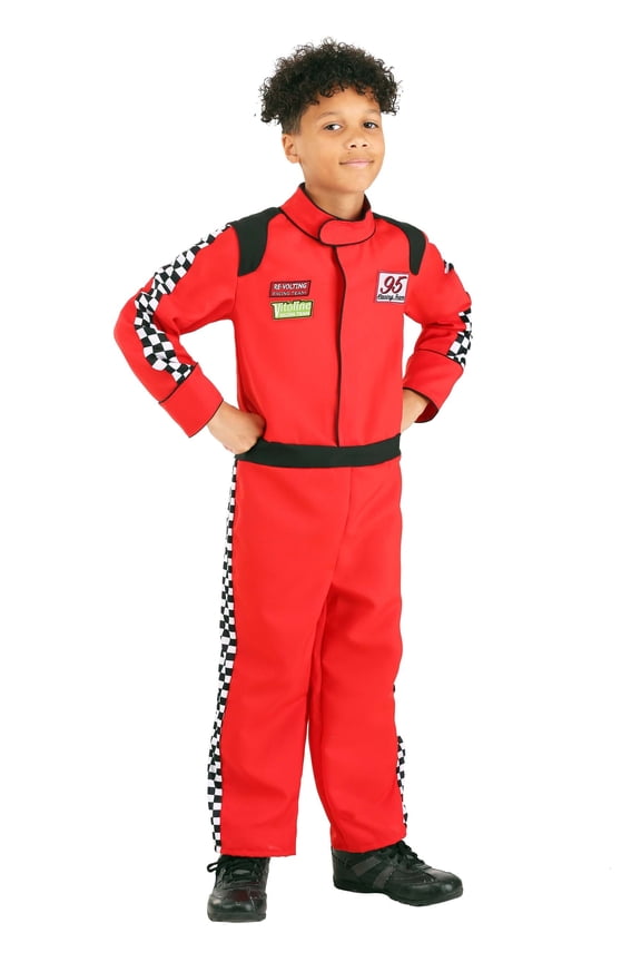 Red Racer Jumpsuit Costume for Kids with Embroidered Patches for Children, Boys 4-6
