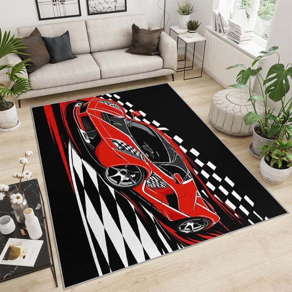 Red Racing Area Rug Sports Car Rugs Cool Car Carpet Black White Grids Car For Boys' Carpet Red Black Car Indoor Area Rug Boy Bedroom Rug For Hardwood Floors 3x4ft
