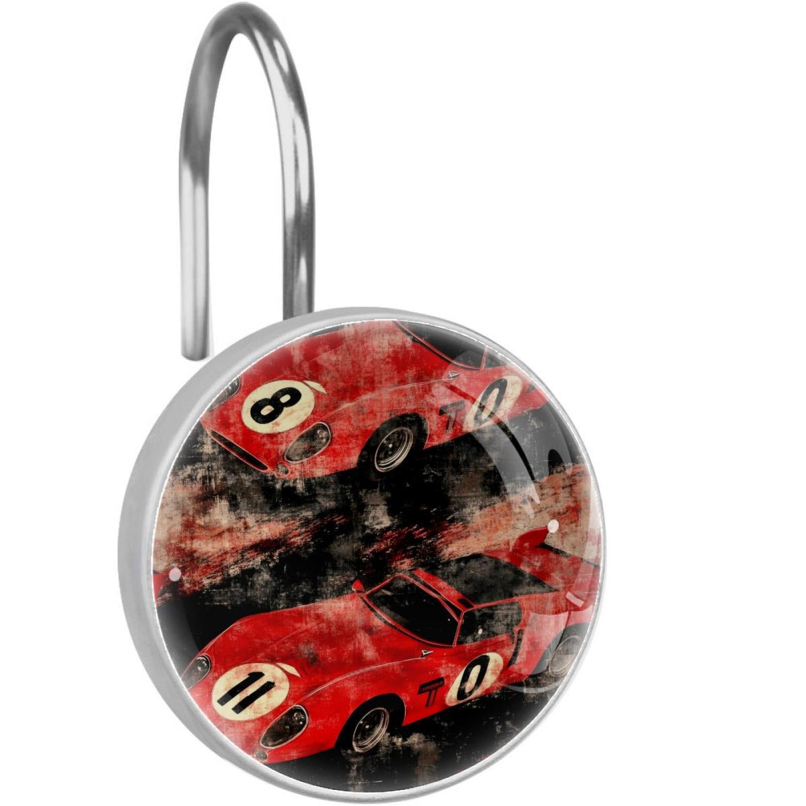 Red Racing Cars Grunge Black Shower Curtain Hooks Round Crystal Glass, Set of 12 Shower Curtain Rings - Shower Hooks for Curtain Shower Rings