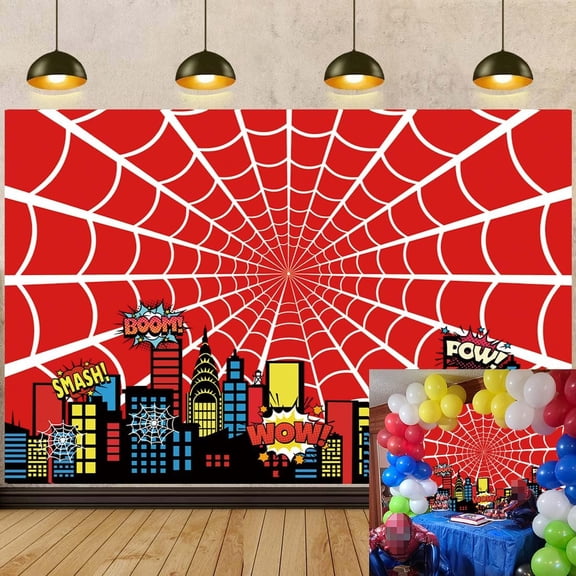 Red Radial Web Superhero Comic Birthday Backdrop,70.8"43.3"(180110cm) Boys City Skyline Photography Background Banner for Kids Themed Birthday Party Wall Decor