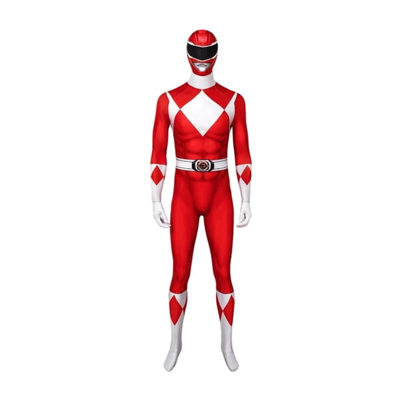 Red Ranger Costume Superhero Cosplay Warrior Jumpsuit Full Body Spandex Bodysuit Halloween Dress Up Party Outfit for Adults Men Power Ninja Ranger Battle Suit