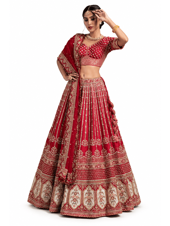Red Rangoon Silk Bridal Lehenga Choli for Women, Heavy Designer Lehenga Set with Sequins Dori Thread Work, Unstitched Blouse & Net Dupatta, Indian Wedding Reception