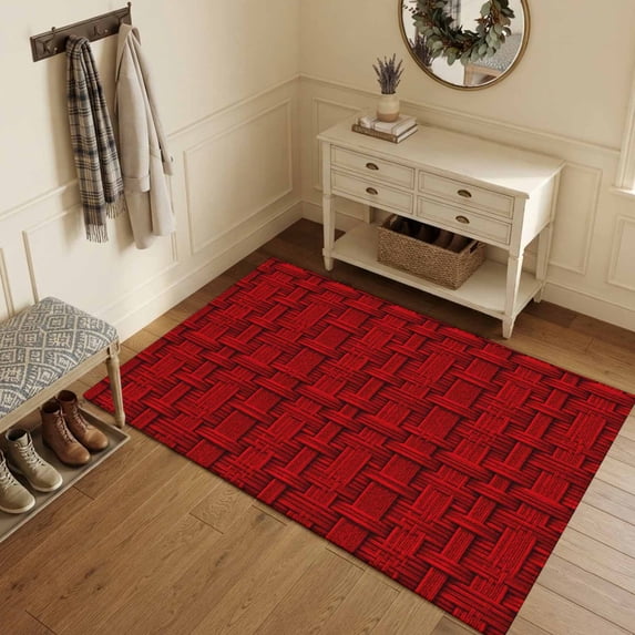 Red Rattan Stripe Area Rugs 3'x5', Washable Small Throw Rugs for Living Room Bedroom, Modern Farmhouse Chic Country Textured Indoor Outdoor Rug Non-Slip Low Pile Carpet Runner Reversible Floor Mats