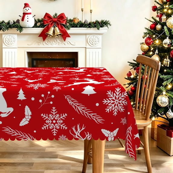Red Reindeer Christmas Tablecloth,60x120Inch,Winter Elk Pine Print Polyester Table Cover