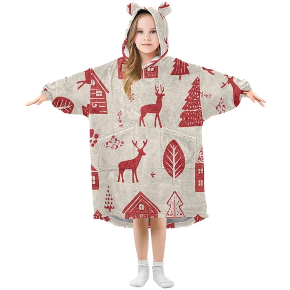 Red Reindeer Christmas Tree House Flannel Wearable Blankets Hooded Design Long Sleeves Wrap Unisex for 3T-14Y S