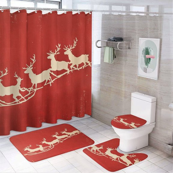 Red Reindeer Shower Curtain Sets 4 Piece with Non-Slip Rugs Toilet Lid Cover And Bath Mat Xmas Holiday Decor Waterproof Durable Bathroom Decor Shower for Bathroom Decor