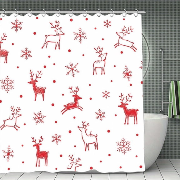 Red Reindeer Snowflakes Print Shower Curtain,Cloth Fabric Waterproof Polyester Bathroom Home Decor Set with Hooks 70.8×70.8Inch