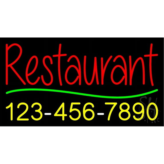 Red Restaurant with Phone Number LED Neon Sign 20 x 37 - inches, Black Square Cut Acrylic Backing, with Dimmer - Bright and Premium built indoor LED Neon Sign for restaurant window and interior decor.