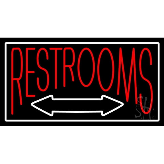 Red Restrooms with Double Sided Arrow LED Neon Sign 20 x 37 - inches, Clear Edge Cut Acrylic Backing, with Dimmer - Bright and Premium built indoor LED Neon Sign for Bar decor.