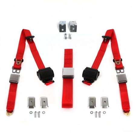 Red Retractable Bench Seat Belt Kit with Bracketry for 1975-1979 Chevy Nova Airplane 3 Point - 3 Belts
