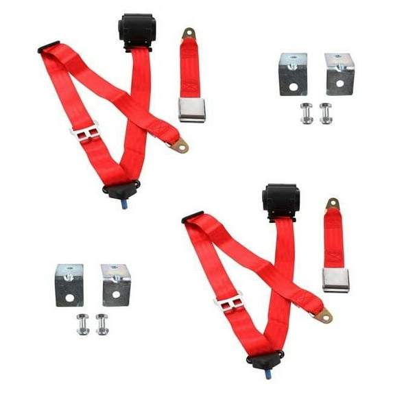 Red Retractable Bucket Seat Belt Kit with Bracketry for 1935-1940 Early Cars Airplane 3 Point - 2 Belts