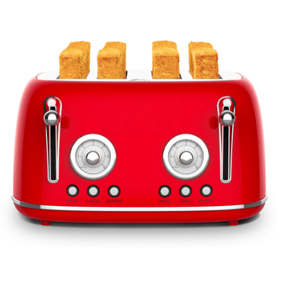 Red Retro 4-Slice Toaster - Dual Control with Warming Rack, 6 Browning Settings & Bagel/Defrost Functions (1650W Stainless Steel)