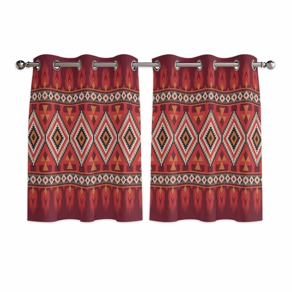 Red Retro Boho Kitchen Curtains Window Panels, Vintage Ethnic Tribe Abstract Art Insulated Window Treatment Curtain, Grommet Curtains for Bedroom/Living Room/Bathroom, 2 Piece 42"Wx45"L