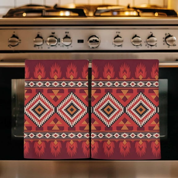 Red Retro Boho Kitchen Towels Set of 1, Vintage Ethnic Tribe Abstract Art Absorbent Dish Towels for Kitchen, Microfiber Hand Towel, Quick Drying Tea Towel for Cleaning Decorative Dishcloths