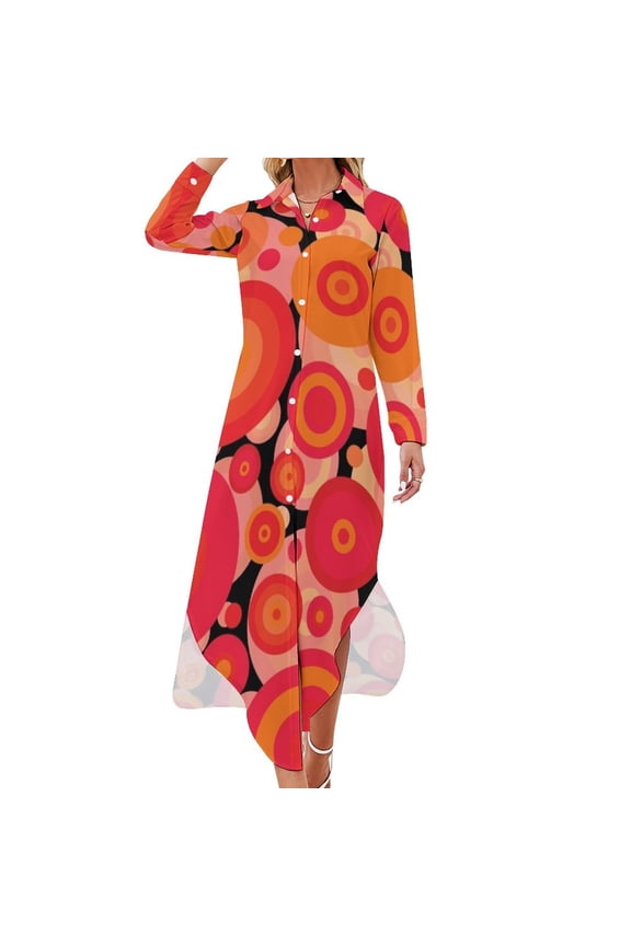Red Retro Circle Pattern Long Sleeved Shirt Dress evening dresses women woman dress