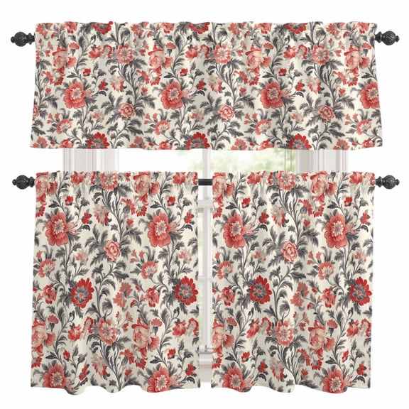 Red Retro Floral Kitchen Curtains Valance and Tier Set Vintage Flower Branches Rod Pocket Short Curtains for Small Window 3 Pieces Set for Bedroom Bathroom Cafe (54" x 18"+27" x 36")