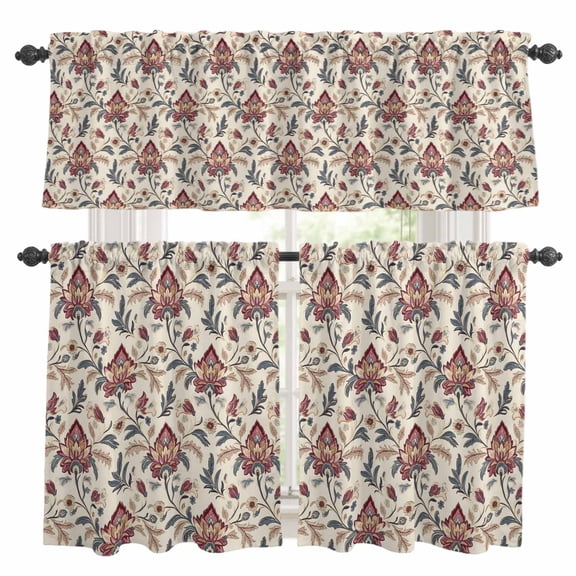 Red Retro Flowers Kitchen Curtains Valance and Tier Set Vintage Floral Branches Rod Pocket Short Curtains for Small Window 3 Pieces Set for Bedroom Bathroom Cafe (54" x 18"+27" x 36")
