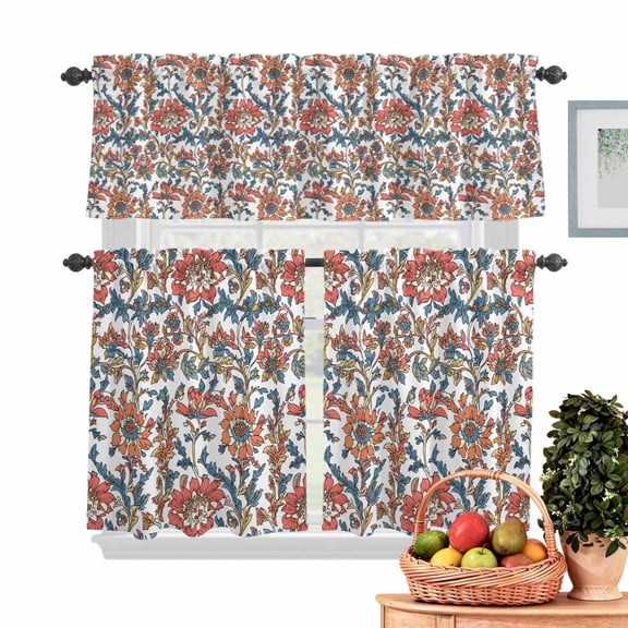 Red Retro Flowers Kitchen Curtains Valances 3 Piece Set, Vintage Floral Branch Rod Pocket Tier Curtain and Valance Drapes for Small Window 24 Inch Length for Bedroom Cafe