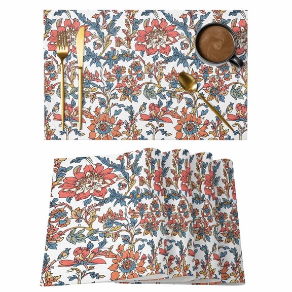 Red Retro Flowers Placemats Set of 1, Vintage Floral Branch Non-Slip Place Mats Washable Table Mats for Kitchen Dining Table Decorations Indoor/Outdoor