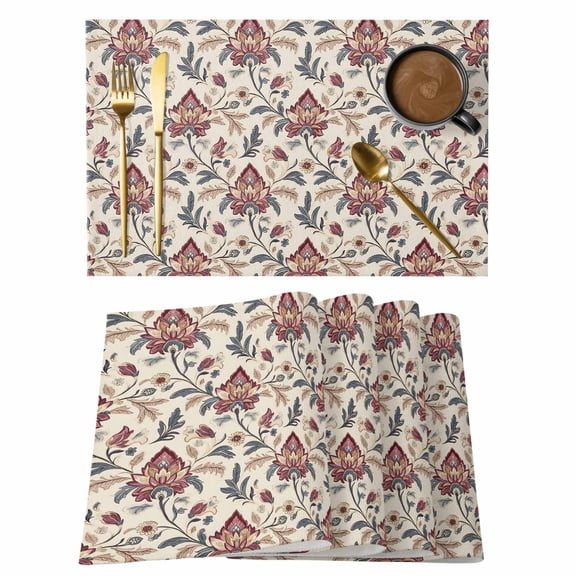 Red Retro Flowers Placemats Set of 1, Vintage Floral Branches Non-Slip Place Mats Washable Table Mats for Kitchen Dining Table Decorations Indoor/Outdoor