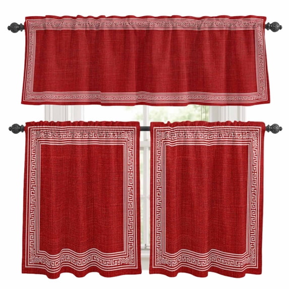 Red Retro Greek Key Kitchen Curtains Sets for Windows 24 Inch Length, Geometric Greece Ancient Rustic Rod Pocket Window Treatments Tier Curtains and Valances Set for Bedroom/Bathroom