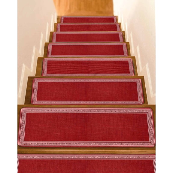 Red Retro Greek Key Stair Treads for Wooden Steps Indoor Runner Rug Carpet, Geometric Greece Ancient Rustic 7 Pieces Peel and Stick Staircase Step Treads Covers Washable Throw Door Mats, 30"x8"