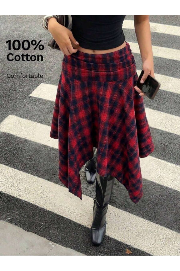 Red Retro Plaid Cotton Midi Skirt With Asymmetrical High-Low Hem, Comfortable Fit For Spring Summer