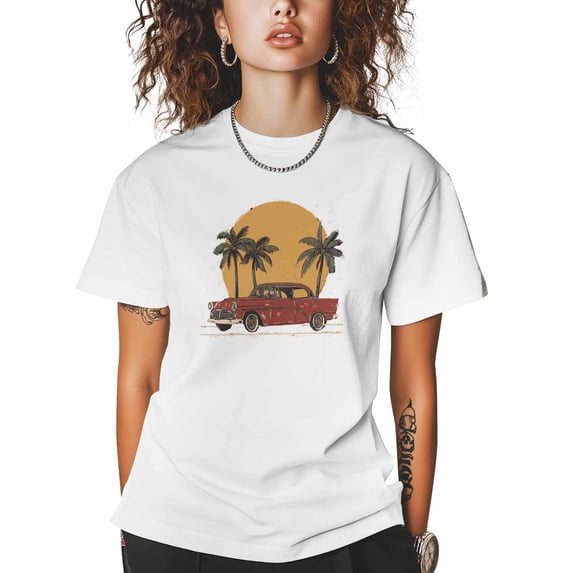 Red Retro Style Car T Shirts for Women Short Sleeve Cotton Crewneck T-Shirt Palm Tree Yellow Sunset Tee Tops Casual Basic T-Shirts, XS-5XL White 3XL