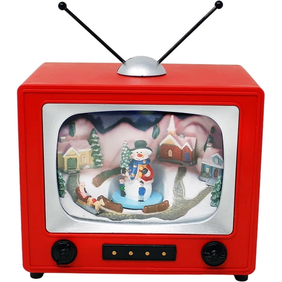 Red Retro TV with Snowy Village Home Scene (Animated Snowman) with LED ...