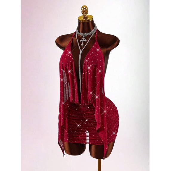 Red Rhinestone Bodycon Mini Dress With Plunging Halter Neckline And Ruched Skirt For Women