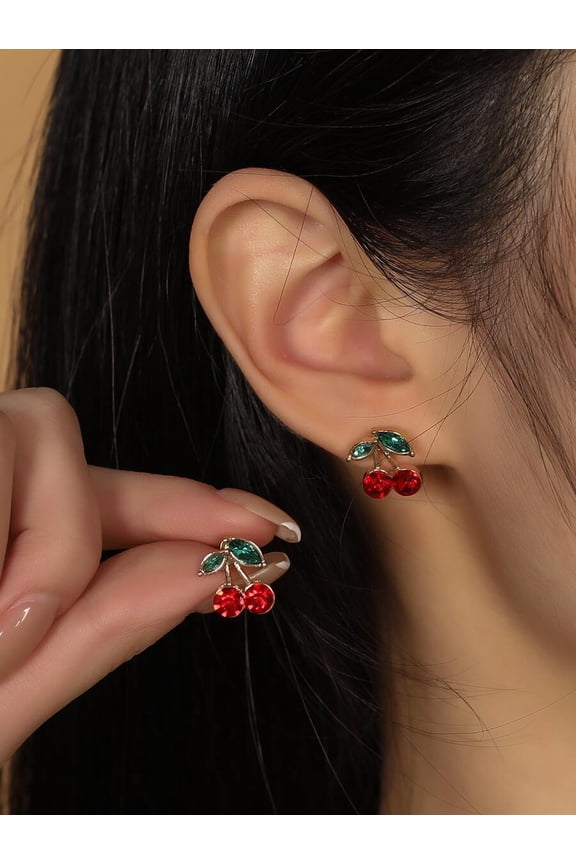 Red Rhinestone Cherry Stud Earrings With Green Leaves