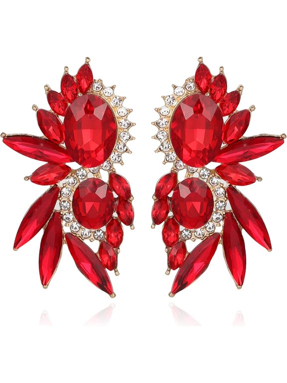 Red Rhinestone Cluster Earrings for Women, Gold Tone Crystal Statement Earrings, Hypoallergenic Dangle Jewelry Gift