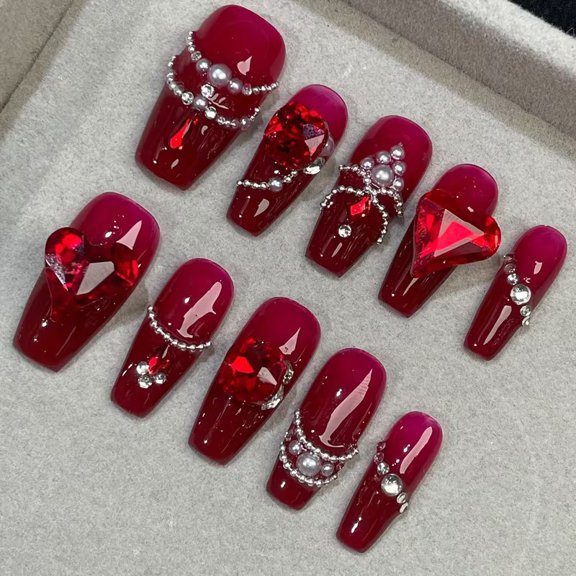 Red Rhinestone Nail Tips for Wedding Brides Removable 10 Pcs