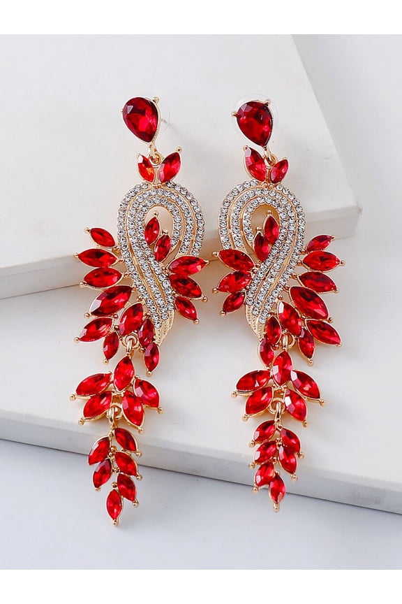 Red Rhinestone Vine-Style Chandelier Drop Earrings For Women