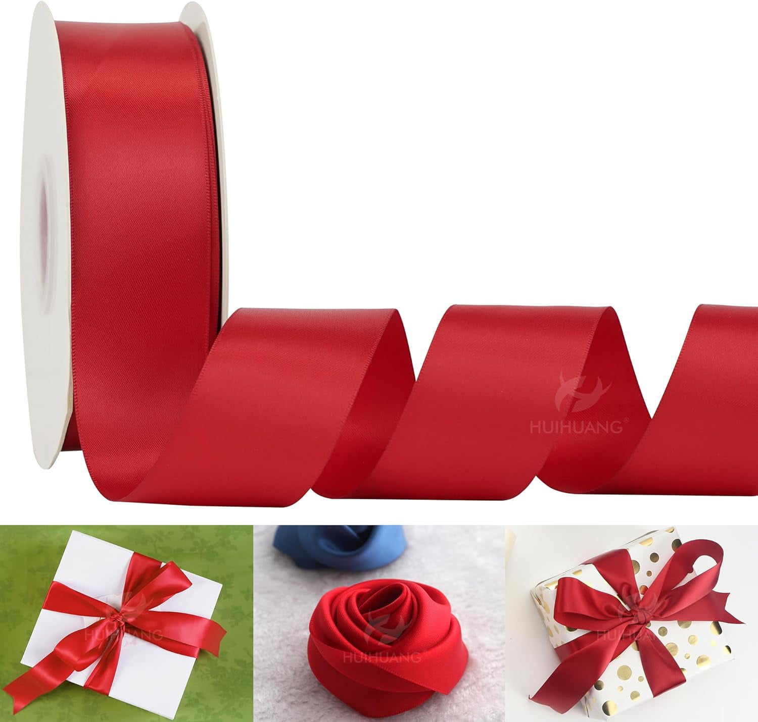Red Ribbon 1-1/2 inch Satin Ribbon, Red Double Faced Satin Ribbon for Christmas Gift Wrapping for Bows Making Floral Bouquet Wedding Christmas Decor Party Favor and Craft Supplies-50 Yards
