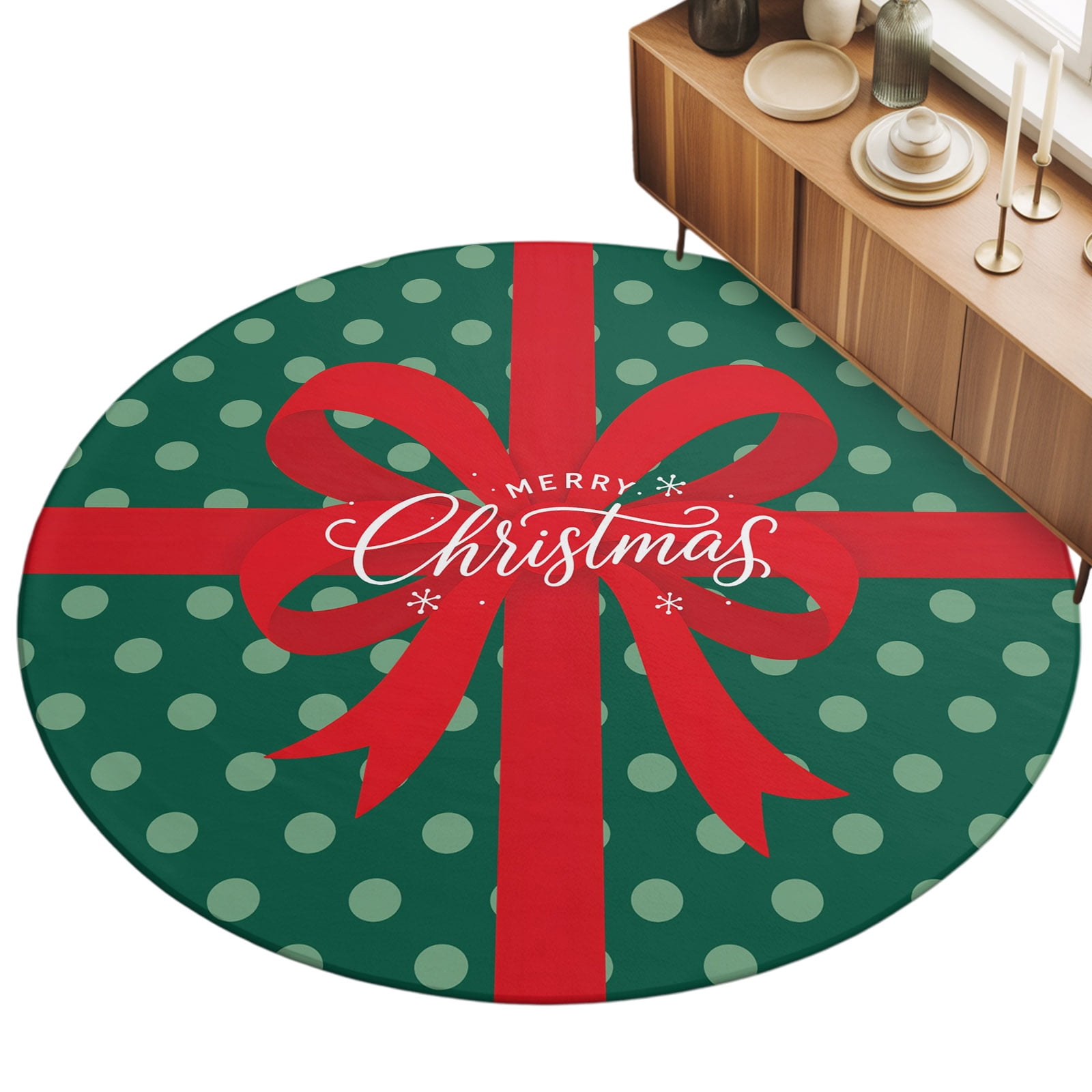 Red Ribbon Bow Area Rug 8', Merry Christmas Green Polka Dot Background ...