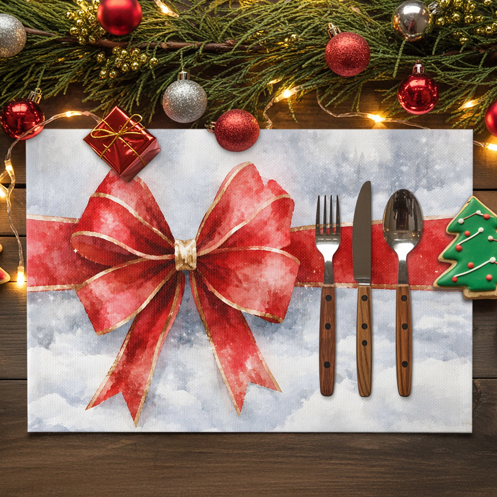 Red Dining Set Red Ribbon Bow Cotton Linen Placemats Set of 4, Festive Golden ...