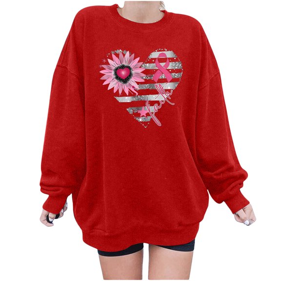 Red Ribbon Sunflower Printed Sweatshirts for Women Breast Cancer Awareness Shirts Long Sleeve Crewneck Pullover Tops 2024