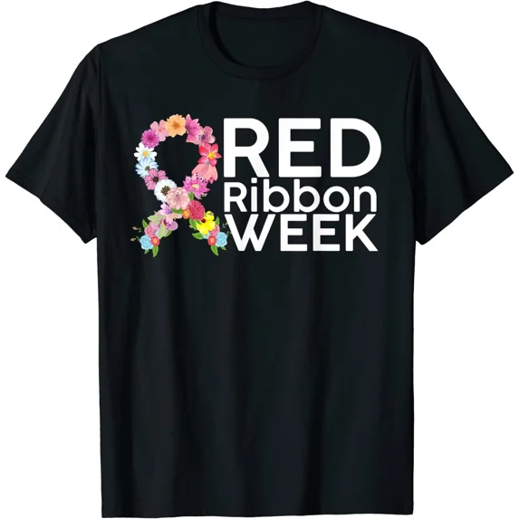 Red Ribbon Week Awareness Flower Graphic Drug Prevention Support Unisex T-Shirt ,up to size 5XL