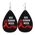 Red Ribbon Week Awareness Leather Earrings DoubleSided Dangle Teardrop