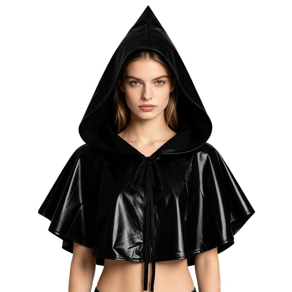 Red Riding Hood Mini Cloak, Shiny Metallic Short Pointed Hood Cape, Mini Riding Hood Cloak With Front Tie, Multi Color Glossy Witch Cosplay Cape for Adult Halloween Party, Black One Size
