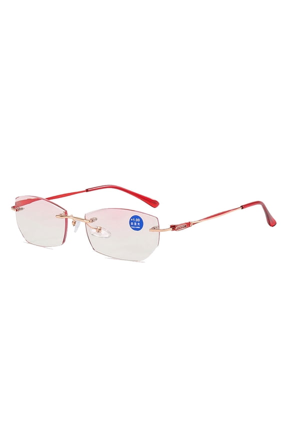 Red Rimless Anti-Blue Light Reading Glasses Sunglasses for Women Fashion Readers Frameless Gradient Pink Lenses Metal Presbyopia Glasses +1.00